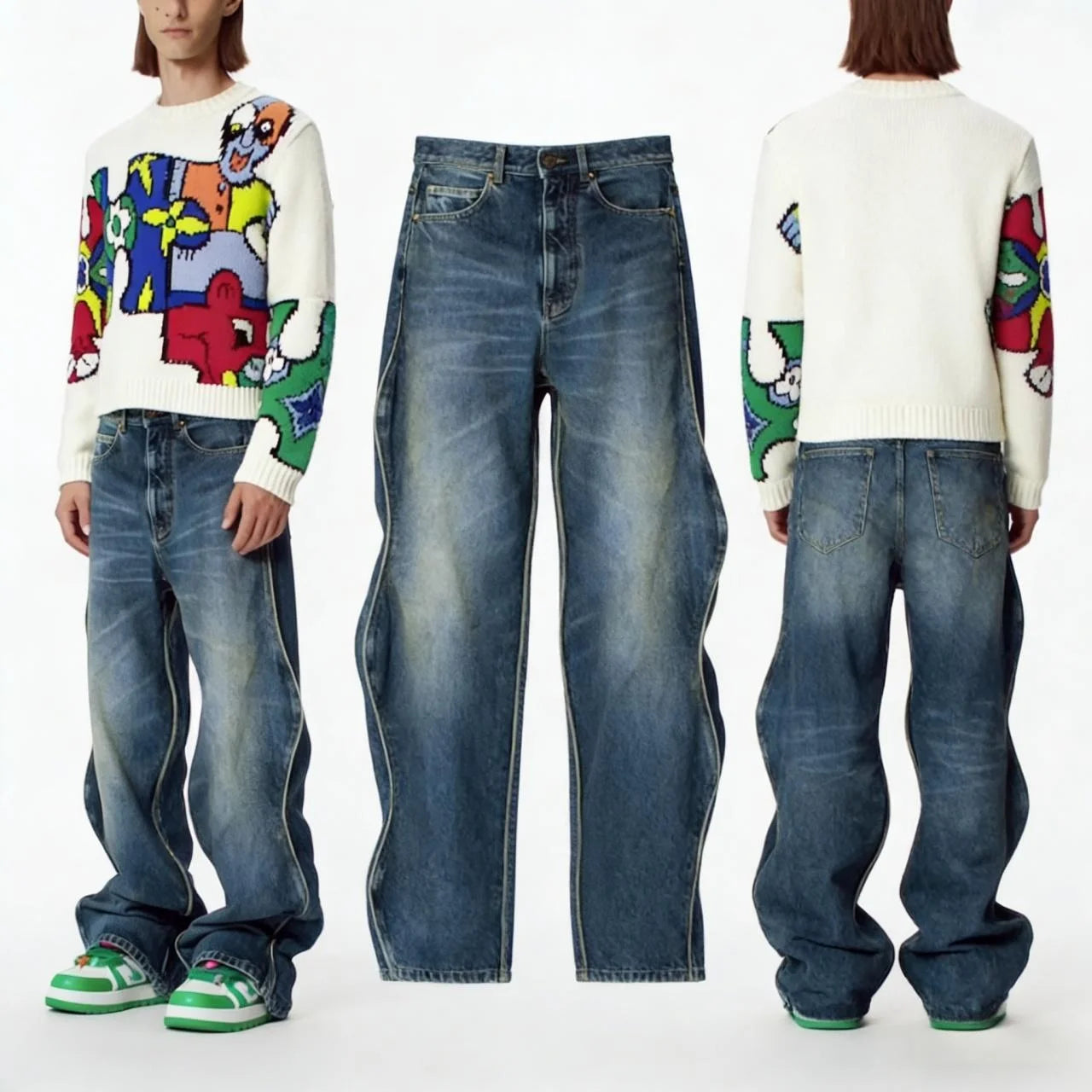 AeeDenim High Street Letter Print Destroy & Stonewashed Unisex Wide Leg Mid Waist Loose Fit Denim Jeans