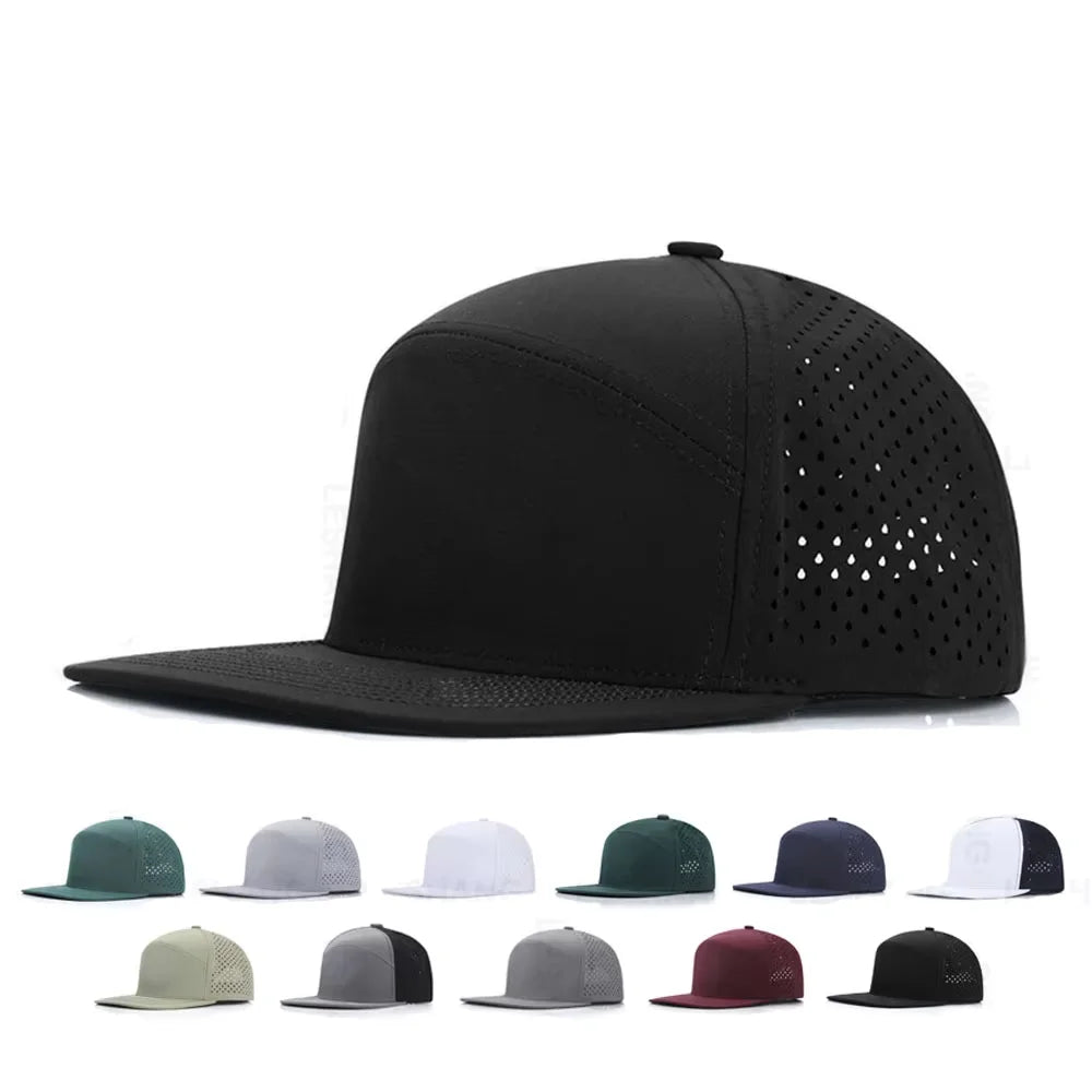 Fashion Quick Dry Waterproof Laser Cut Holes Perforated Flat Brim Snapback Cap Custom Logo 6 Panel Polyester Mesh Trucker Hat