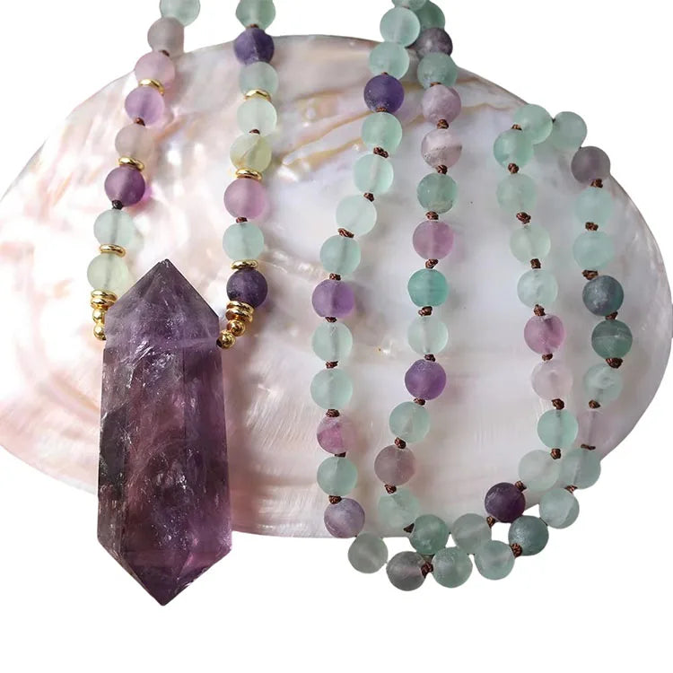 Matted Fluorite Bead Necklace Charka Gifts  Healing Amethyst Double Point Pendant Crystal Mala Necklaces