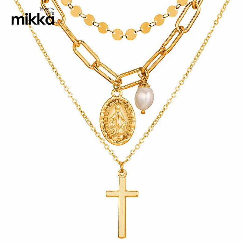 Trendy Women's Zinc Alloy Multi-Layered Moon & Butterfly Cross Pendant 18K Gold Plated Link Chain Necklace