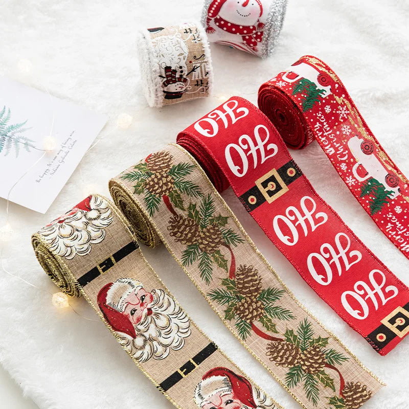 Christmas Ribbons Wired Edge 5.4m Ribbons Printed Santa Xmas Tree Decoration Gift Box/Bag Package Navidad Ornament New Year 2
