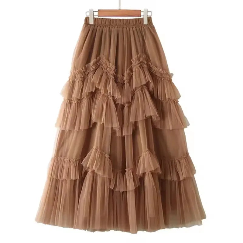 Patchwork Mesh Skirt for Women High Waist Casual Ball Gown Skirts Female Fashion New Clothes _ Spring