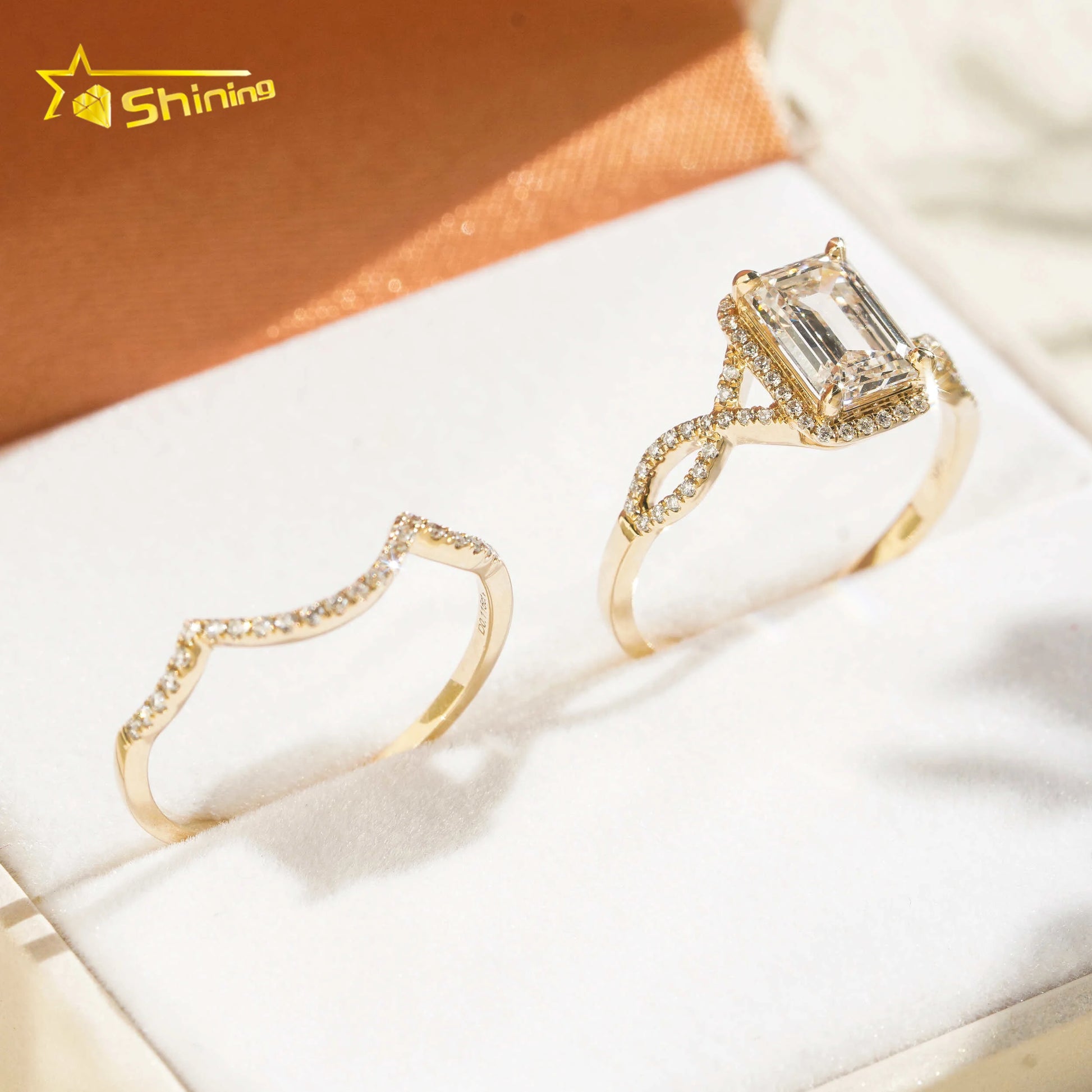 Fine Jewelry 14K Solid Yellow Gold Rings with Certificate Emerald IGI Lab Grown Diamonds Engagement Ring Set Ready to Ship
