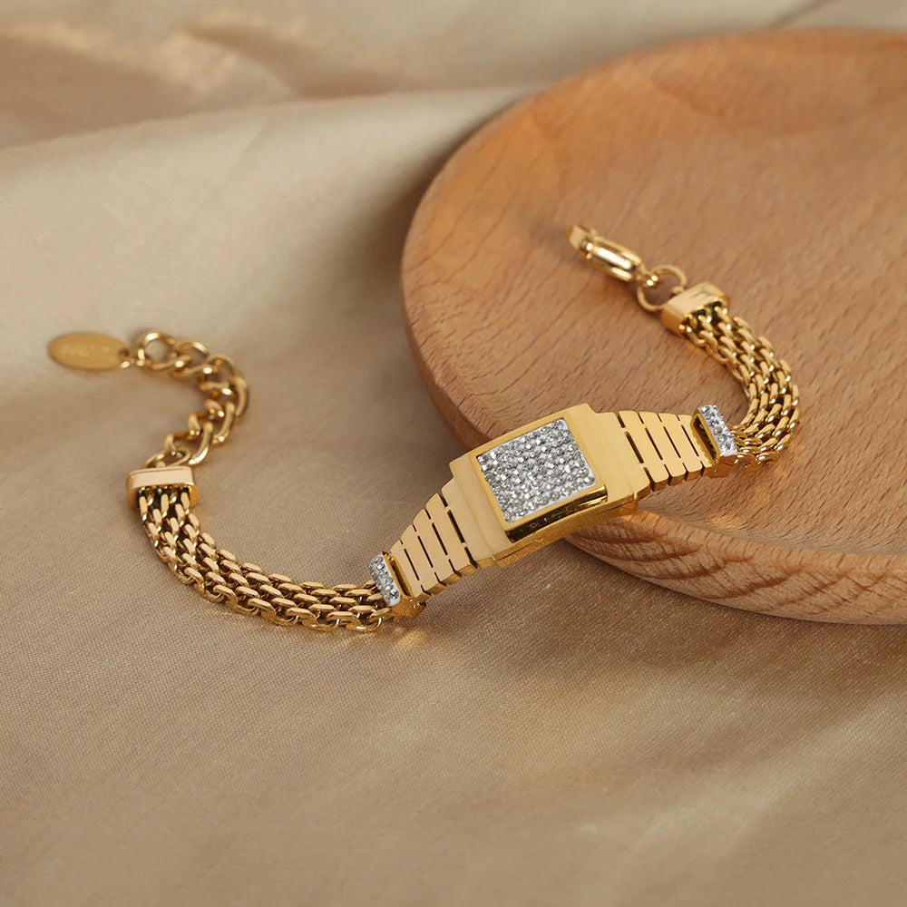 Non Tarnish Cubic Zirconia 18k Gold Plated Watch Bracelet Stainless Steel Mesh Chain Bracelet Bangle for Women Accesorios Muj
