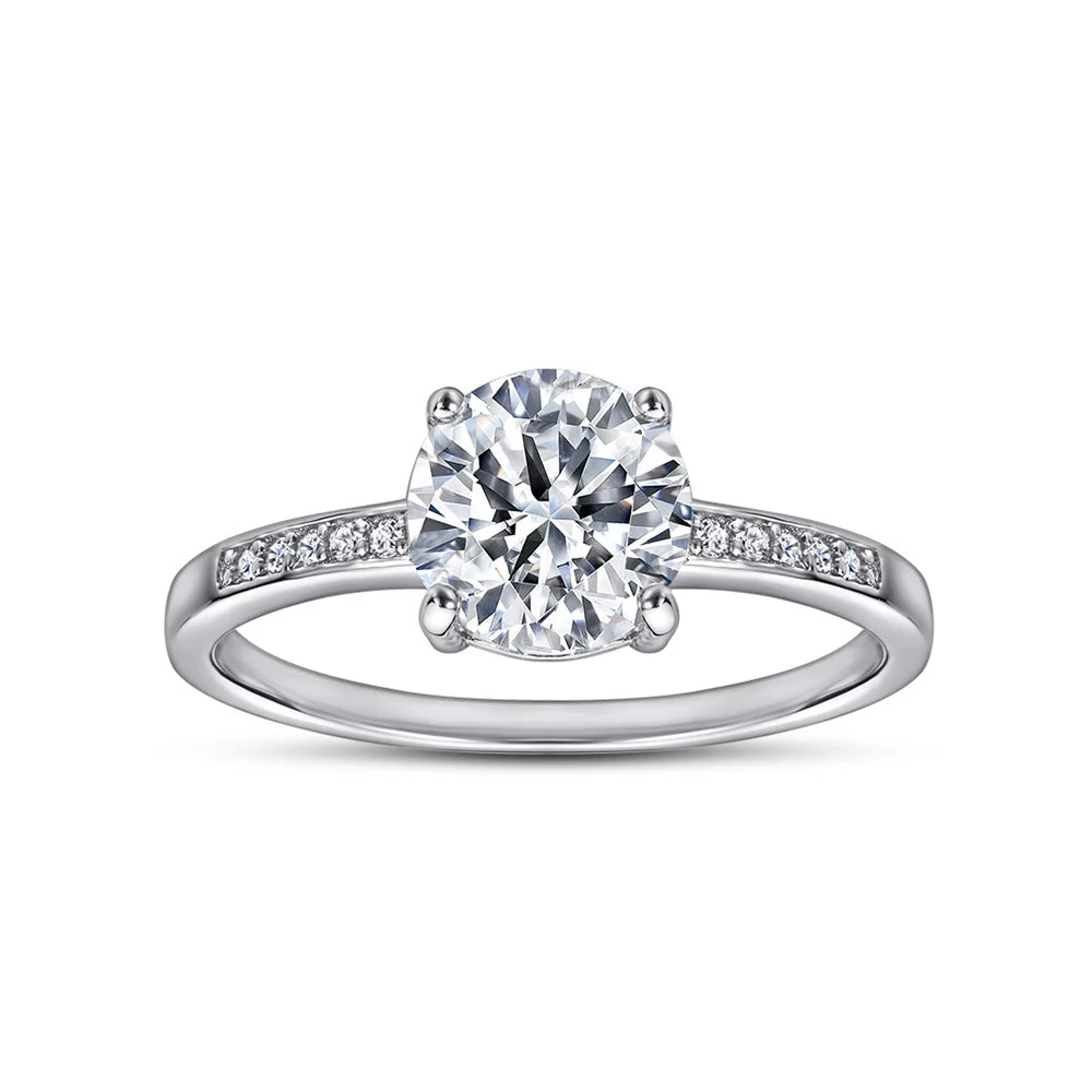 Round Cubic Zircon Engagement Ring Platinum Plated With Side Stones S925 Sterling Silver Rings