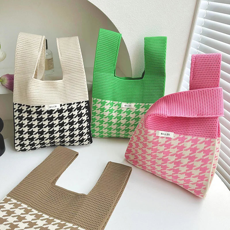 Custom Logo Color-Blocked Houndstooth Women Knitted Shoulder Handbag Versatile Unisex Casual Tote with Open Closure Candy Col