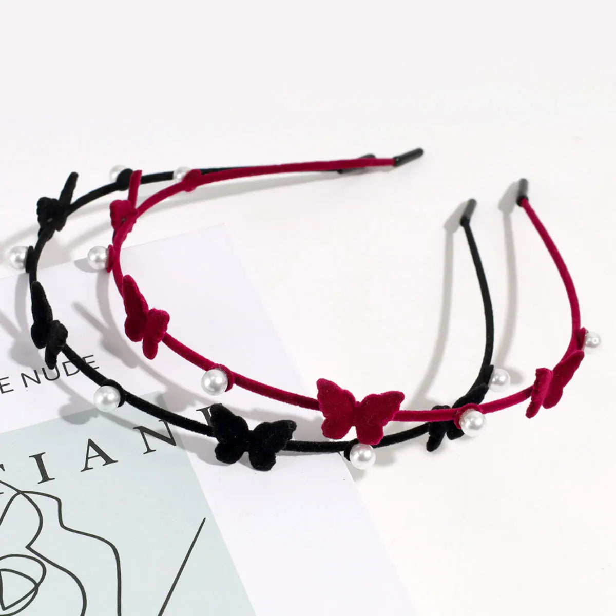 Women Girl Exquisite Elegant Butterfly Pearl Decoration Headband Slender Velvet Cover Hairband Temperament Hair Hoop