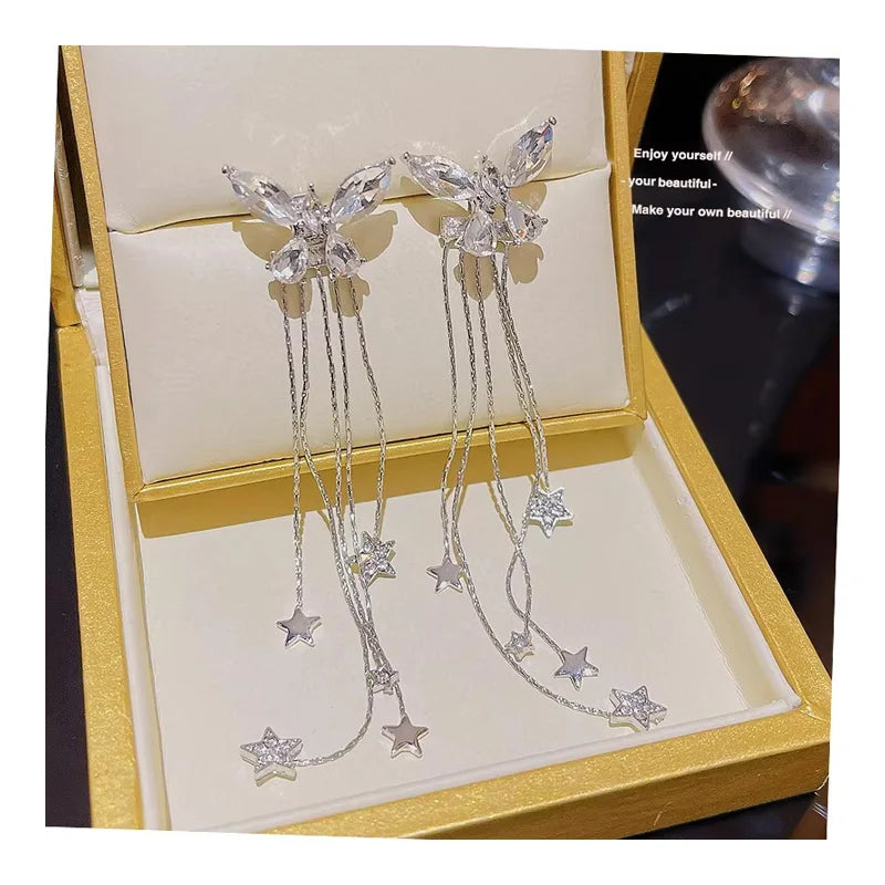 DAIHE 2024 New S925 Silver Needle Tassel Long Rhinestones Earrings Luxury Butterfly Earrings Women
