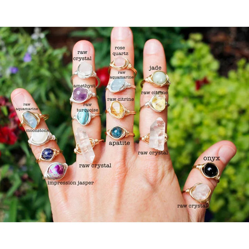 High Quality Trending Jewelry Handmade Wired Healing Birthstone Raw Crystal Gemstone Big Real Natural Stone Ring for Men Wome
