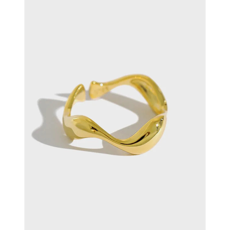 925 Silver Jewelry Adjustable Ring Women 925 Sterling Silver 18K Gold Plated Irregular Wave Pattern Resizable Ring Jewelry