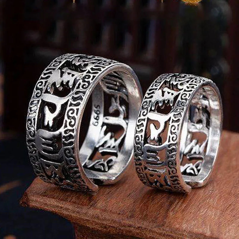Opening CopperTibetan Buddhism Hollow Out Lucky Feng Shui Six Words Mantra Ring Protect Ring for Women Men