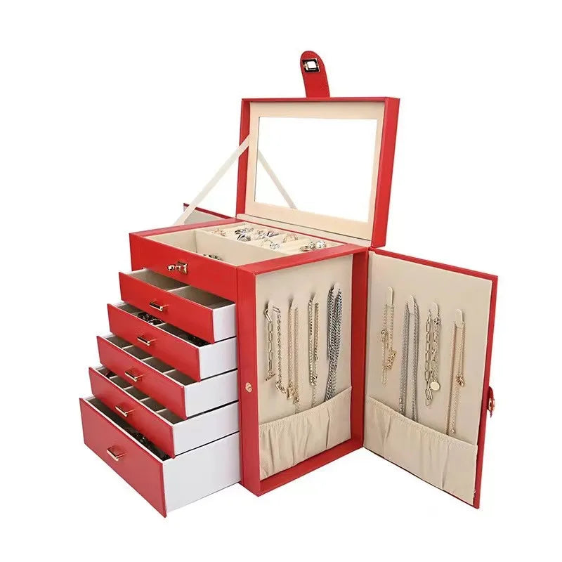 Luxury Pu Leather Large Organizer Multifunction Jewelry Gift Storage Packing Box Case Velvet Lining Custom Logo Mirror Ring