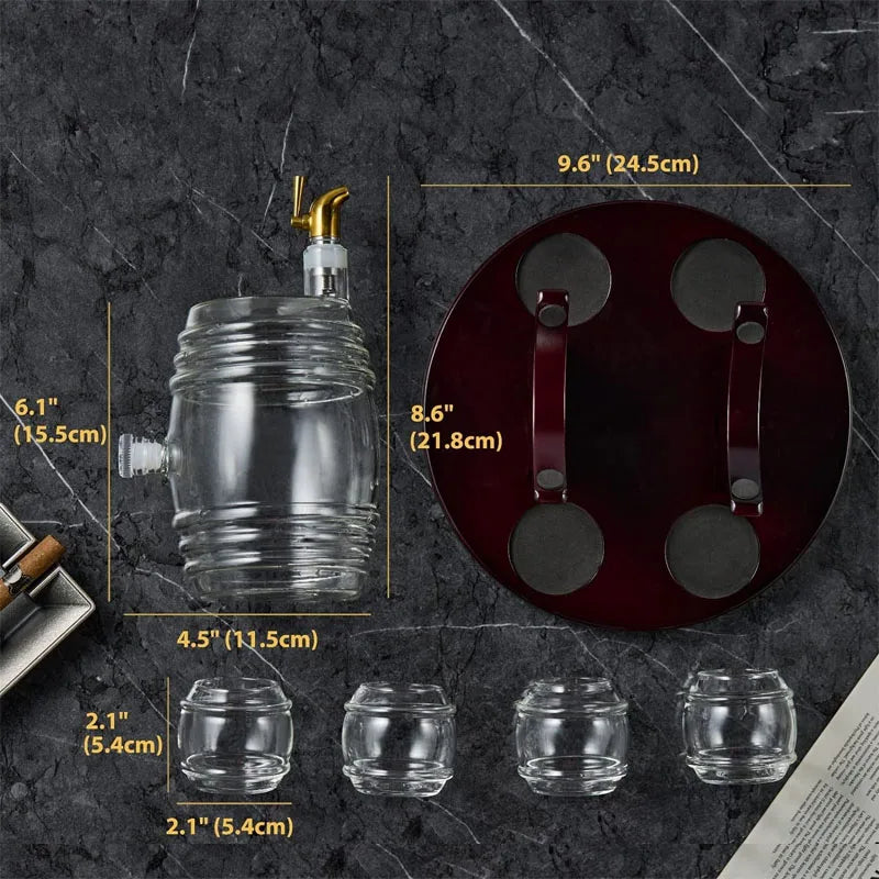 Modern Whiskey Barrel Decanter Set-Liquor Dispenser Alcohol Gifts for Men-1350ML Wood Decanter 4 Glasses Heatable Multifuncti