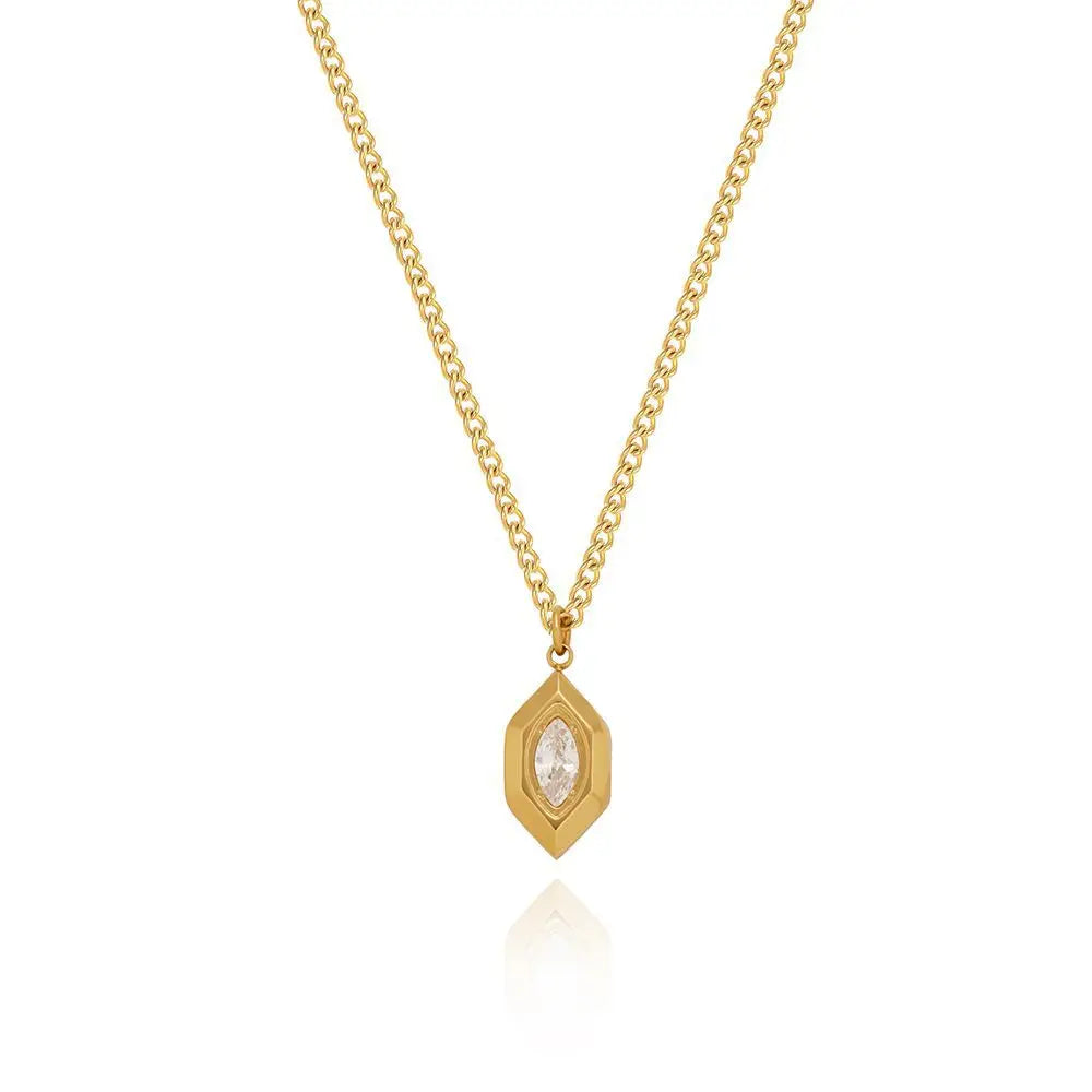 JOOLIM High End Stainless Steel Oval OIive Shape Zirconia Pendant Necklace 18K Gold Plated Jewelry Wholesale Tarnish Free