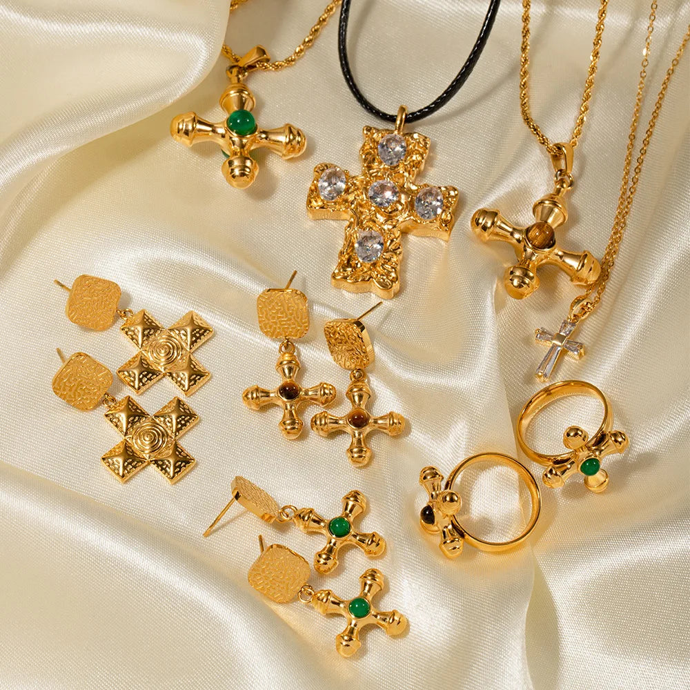 Luxury New Punk 18k Gold Plated Stainless Steel Jewelry Fashion Cross Shape Crystal Bracelet Necklace and Earrings Set for Wo