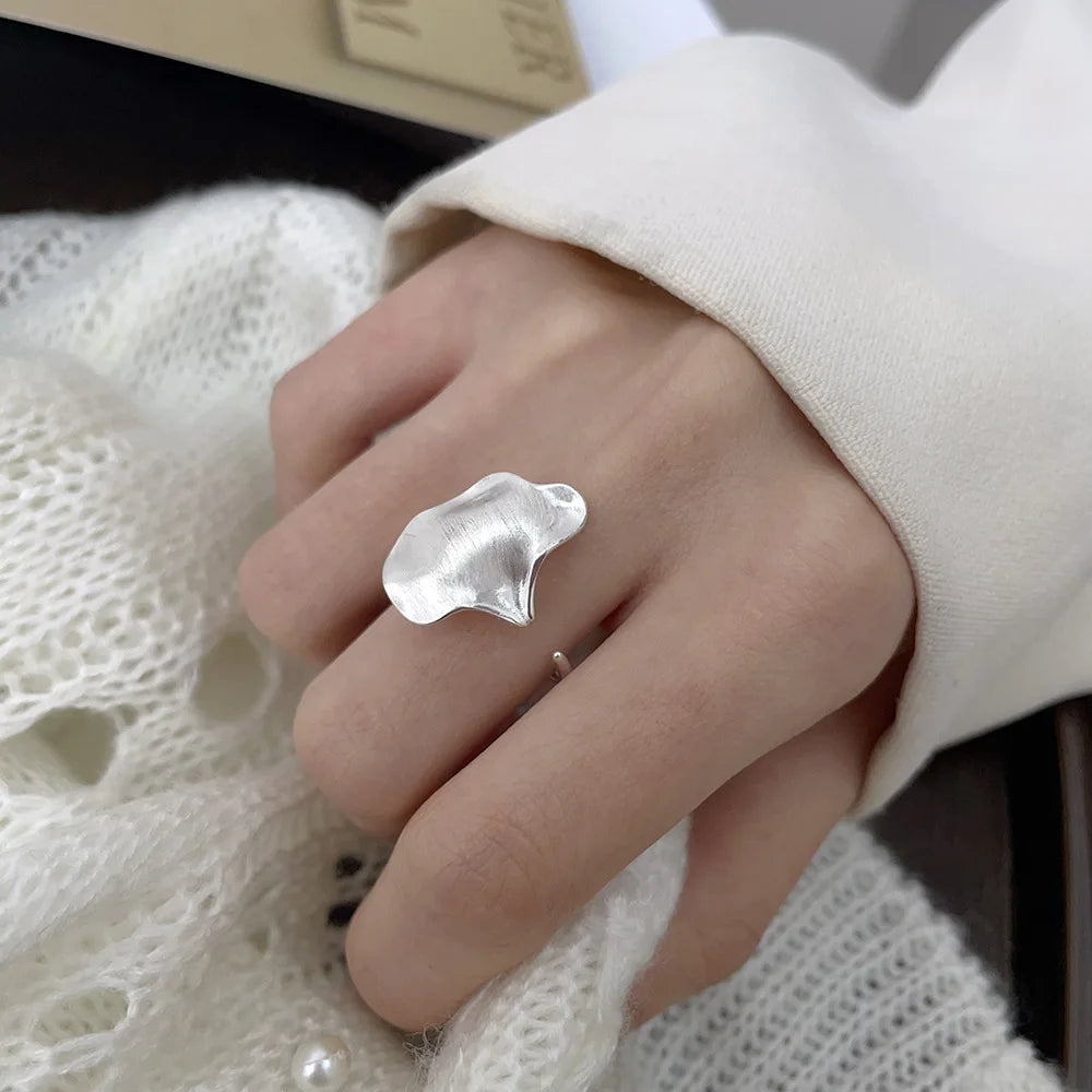 S925 Sterling Silver Gingko Adjustable Ring Geometric Texture Leaf Rings for Women Frosted Matte Fine Jewelry Rings Wholesale