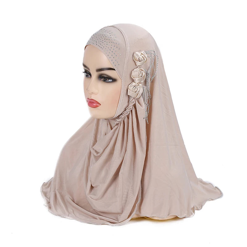 Amira Islamic Scarf Head Wrap Turban Shawl Beautiful Muslim Girls' Instant Hijab Flower Chains Pull-On Style for Autumn Seaso