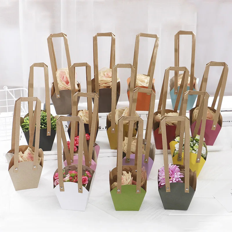 Custom Print logo Flower Bouquet Carry Bags pink Wrapping Brown Kraft Paper Bag