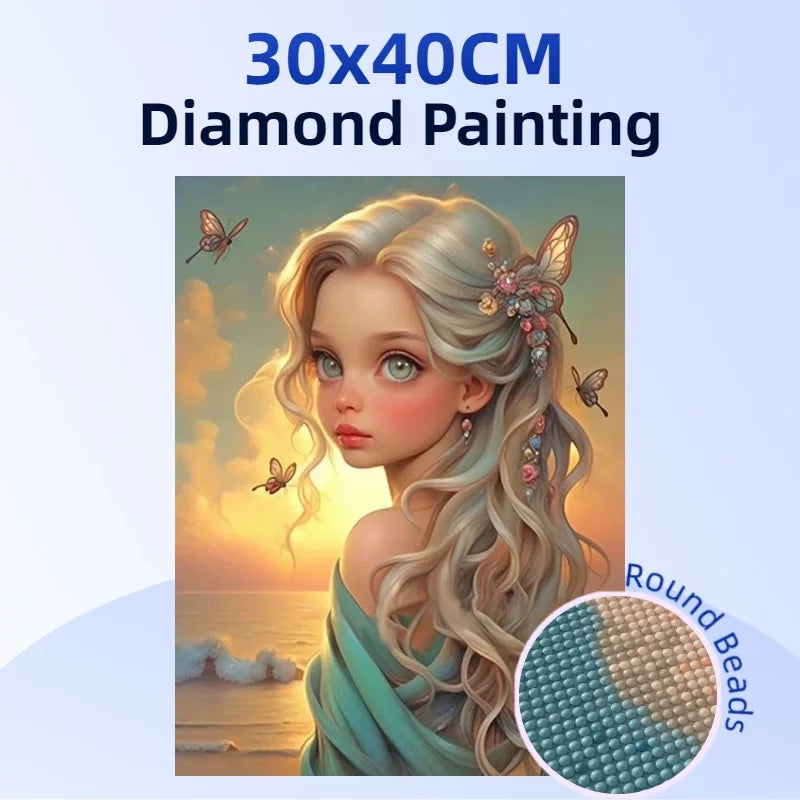 1PC 30x40cm Seaside Girl Diamond Painting Full Round 5D Acrylic Drill Modern Home Decor Diamond Painting Kit for Gift
