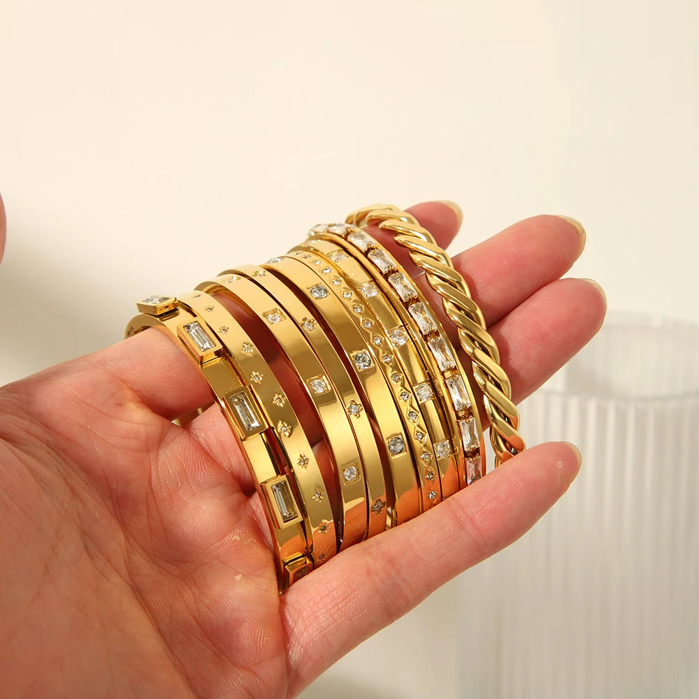 Wholesale Best Selling 316 Stainless Steel 18K PVD Plating Nickle Free Zirconia Diamond Bracelets Girls Waterproof Cuff Bangl