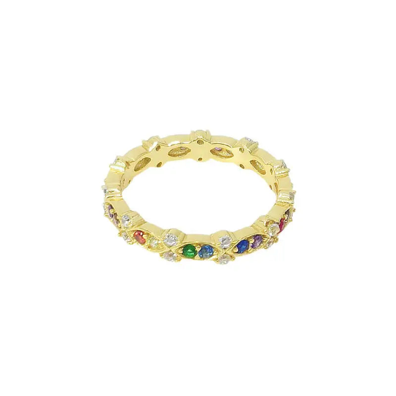 Gold Plated Women's Rainbow Stone Multi Gemstone Geometric Custom 925 Sterling Silver Wedding Ring for Party & Anniversary