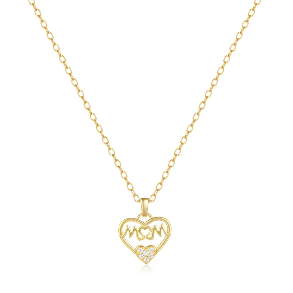 Fashion Jewelry 925 Sterling Silver Heart Pendant Letter Mom Diamond Gold Plated Necklaces for Women Mother's Day