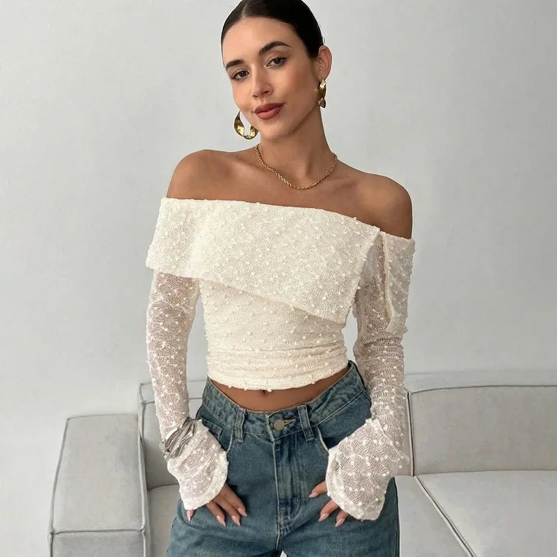 Sexy One Shoulder Top Women Fashion Hollow Out See-Through Pleated Lace Top Elegant High Street Party Slim Female Tops