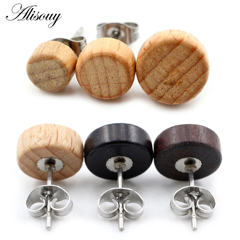 Wholesale 6-8mm Unisex Brown Black Natural Wood Stainless Steel Push-back Women Men Ear Stud Earrings Tragus Piercing Jewelry