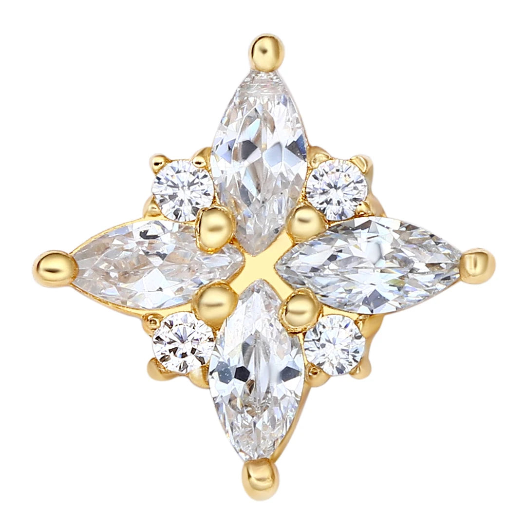 Eternal Metal 14K Solid Yellow Gold Marquise Cut Zircon Paved FLora Children's Nose&Lip Piercing Jewelry Threadless Push Ends