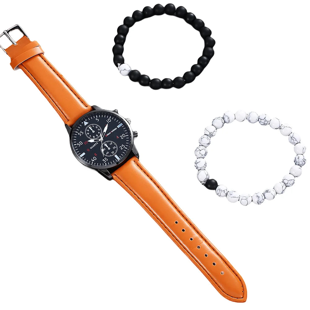 2024 Fashion New Leather Band Casual Men Watch Sport Personalized Wristwatches Luxury Quartz Watches+Bracelet Set