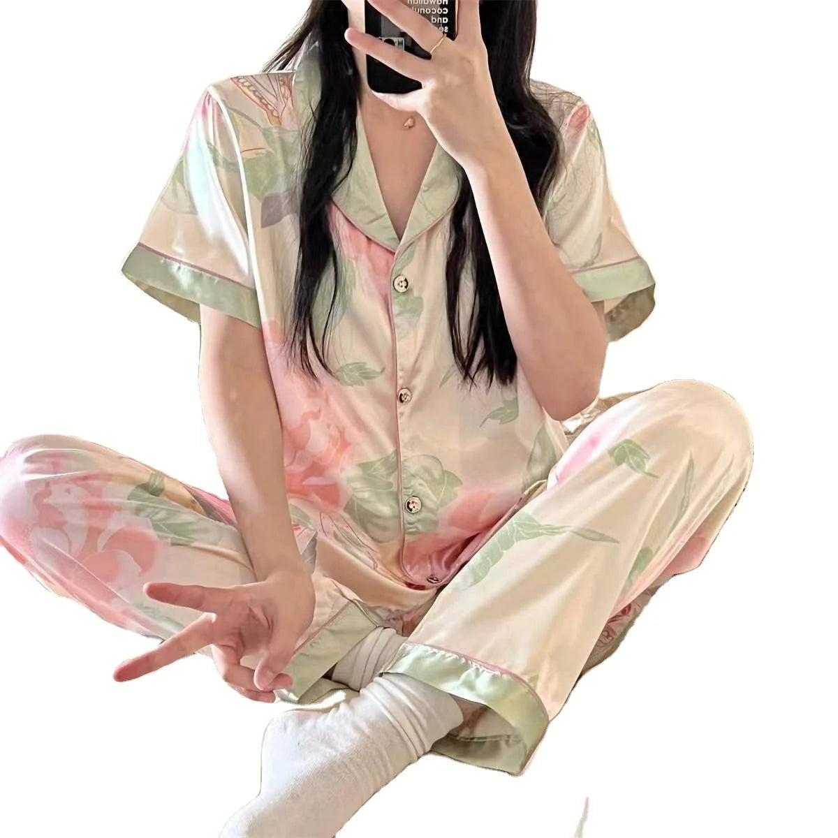 Sweet Design Drop-shipping Ice Silk Satin Short Sleeve Women's Sleepwear Asia Size M to 2XL Pajamas Sets