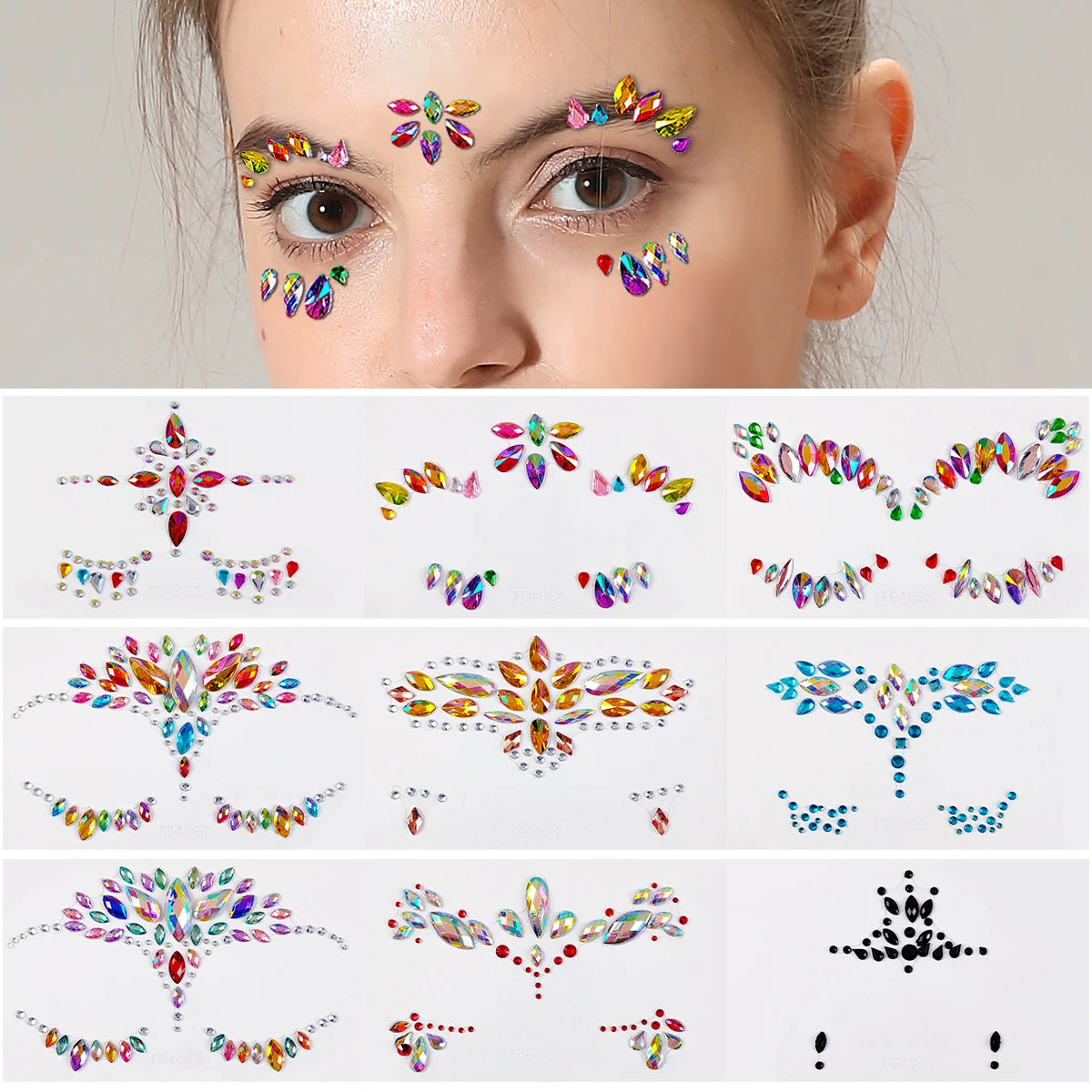 Custom Factory Wholesale Face Rhinestone Tattoo Sticker Fun Eye Tattoo Decoration  Sexy Body Art Rhinestone Face Gem Stickers