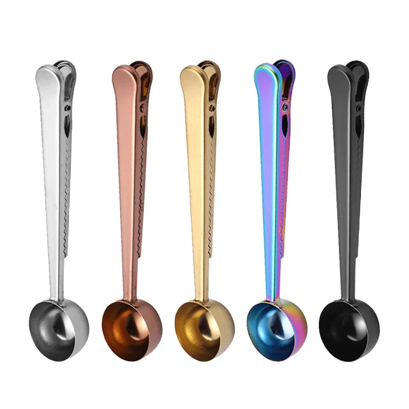 Hot Sale 2-in-1 Stainless Steel Coffee Spoon Gold Kitchen Accessory with Sealing Clip for Cafe Expresso Cucharilla Decoration