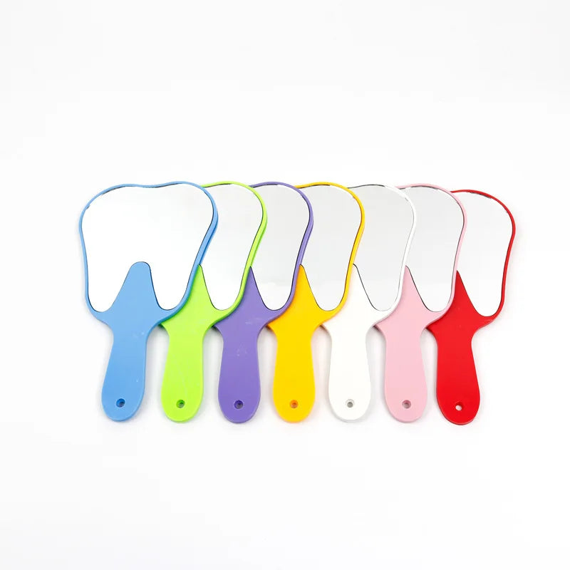 Colorful Dental Handheld Tooth Shape Glass Mirror Stainless Steel Patient Face Mirror