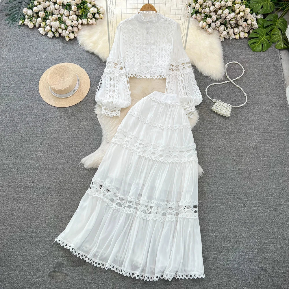 Wholesale 2026 Spring New Retro Palace Style Lantern Sleeves Standing Neck Hollowed Lace Top High Waist Skirt Women's Set