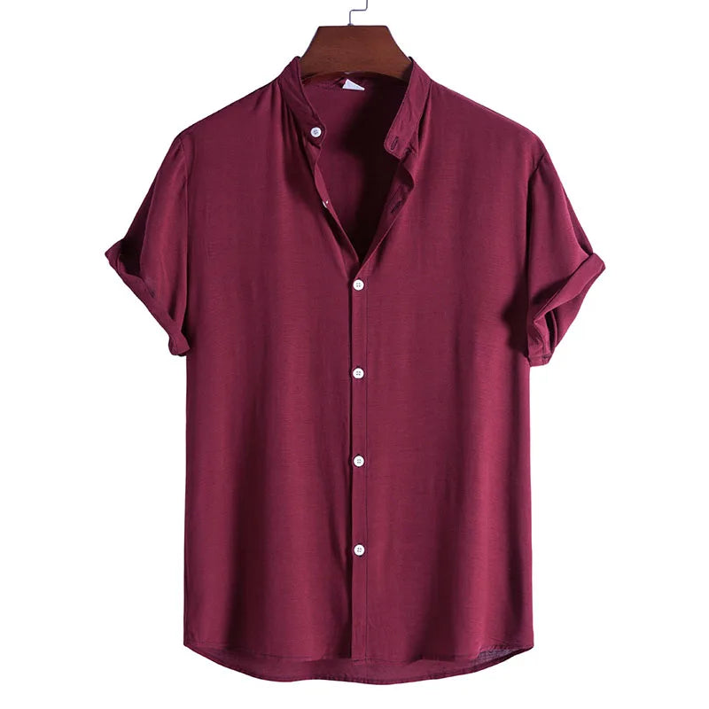 RNSHANGER Summer Men's Plain Shirt Fashion Stand Collar Short Sleeve Solid Color Casual Button-Down Shirts Dress Shirts for M