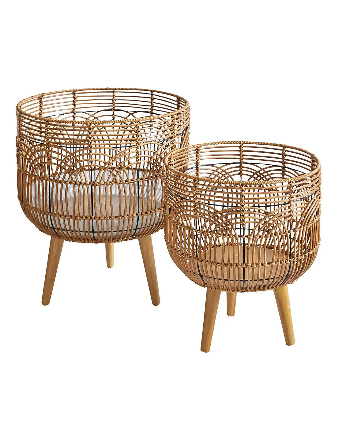 Rattan Woven Basket Plant Stand with Wooden Legs Bohemian Floor Flower Pot Holder Indoor Outdoor Home Garden Decor 3 Sizes