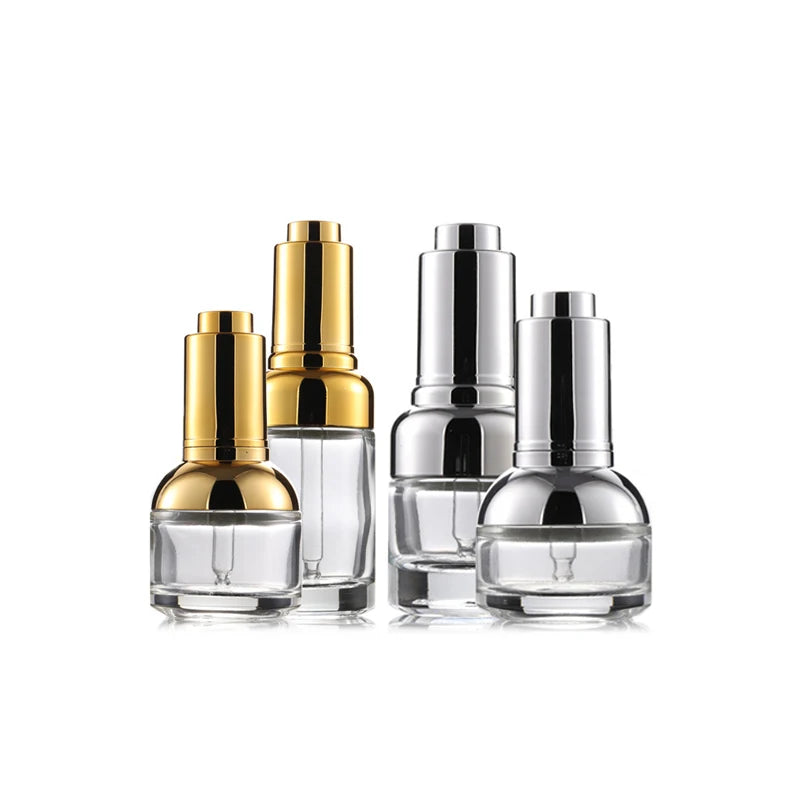 Luxury Glass Clear Press Dropper Bottle Empty 20ml 30ml 50ml Silver Gold Skin Care Cosmetic Serum Bottles with Press Cap Pipe