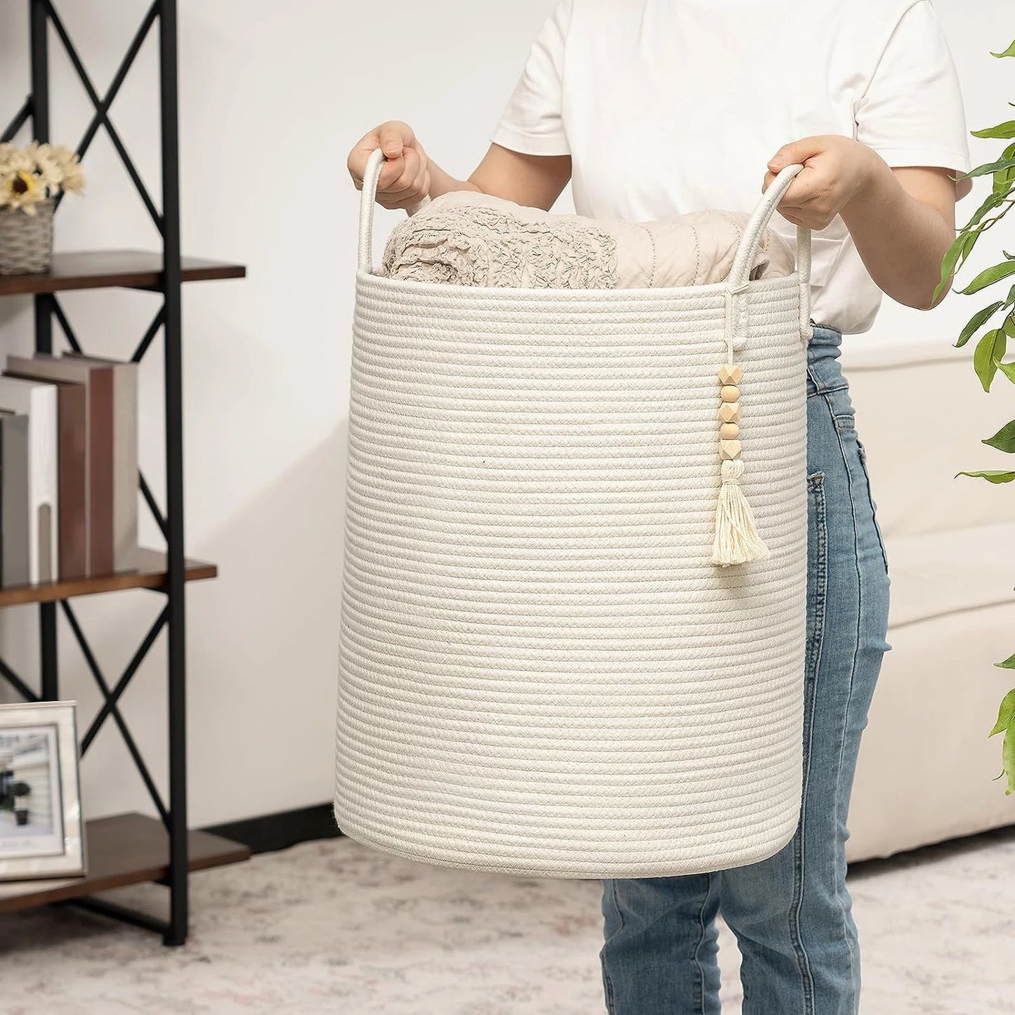 Hot Selling Cotton Rope Woven Storage Basket Handmade Foldable Woven Laundry  Hampers Large Baskets With Durable Handles