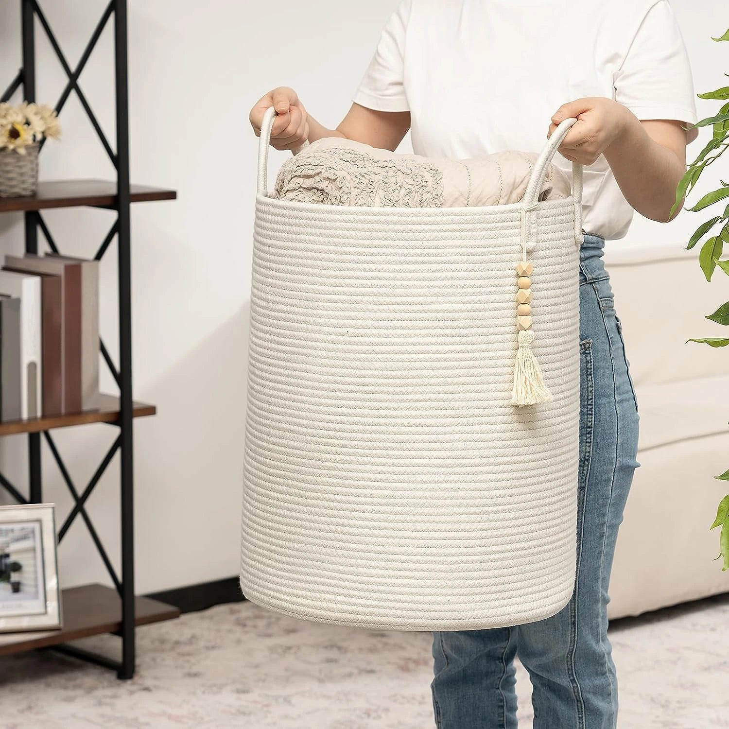 Hot Selling Cotton Rope Woven Storage Basket Handmade Foldable Woven Laundry  Hampers Large Baskets With Durable Handles