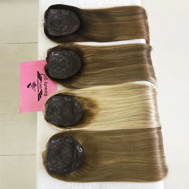 Hundred Percent Raw Virgin Russian Human Hair Blonde with Brown Roots 18 Inch Silk Base Medical Head Topper for Women