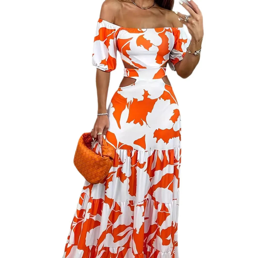 Summer European/American Style Women's Printed Single Collar Big Hem Holiday Long Dress Off-shoulder Flower Dress