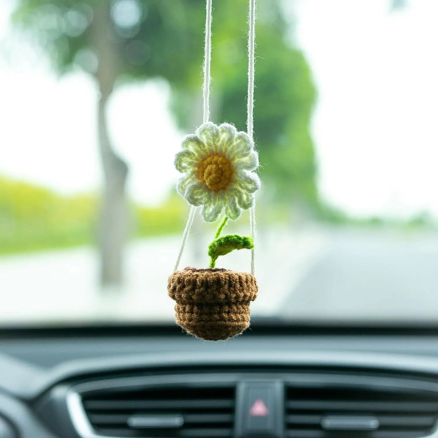 Daisy Handmade Crochet Car Ornament with Cute Flower Potted Boho Basket Knitted View Mirror Woven Rearview Hanging Charm
