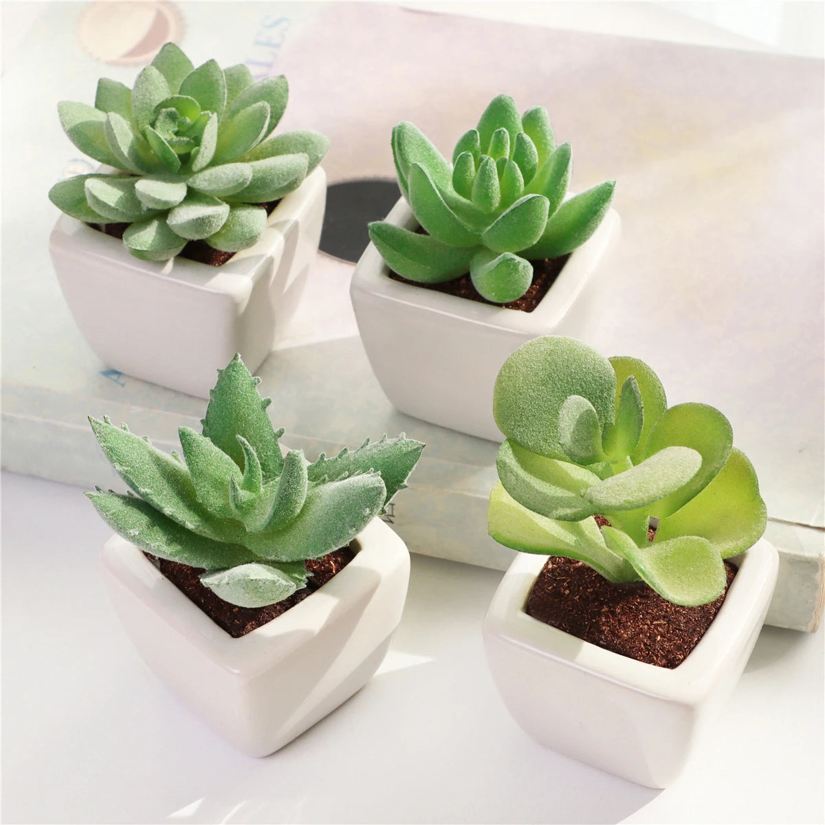 Set of 4 Square White Ceramic Potted Mini Green Artificial Succulents for Home Desk Decor