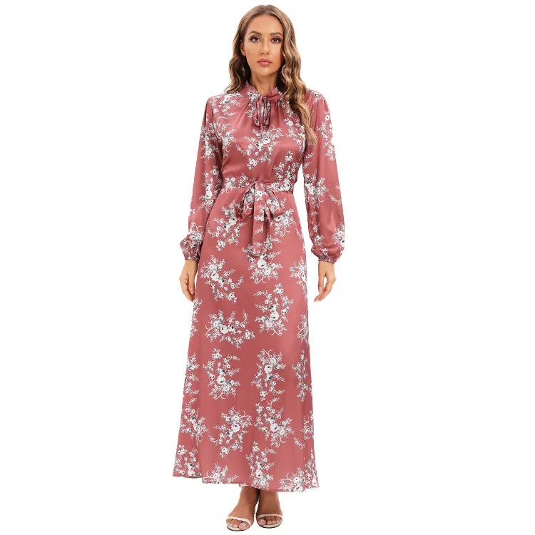 2026 China Canton Factory Directly Sale Islamic Modest Dress Printing Flower Pattern Neck Bow Abaya Women Muslim Dress Dubai