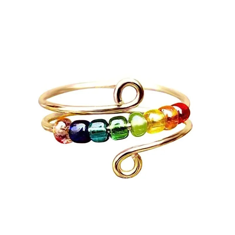 Stainless Steel Women Men Rainbow Ball Beads Spinning Ring Adjustable Anti-Anxiety Fidget Ring
