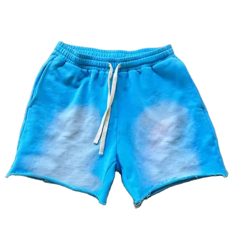 Custom Wholesale Blank Terry Sweat Men Oversized Shorts With Rope String Cut Sew Sun Faded Washed Shorts