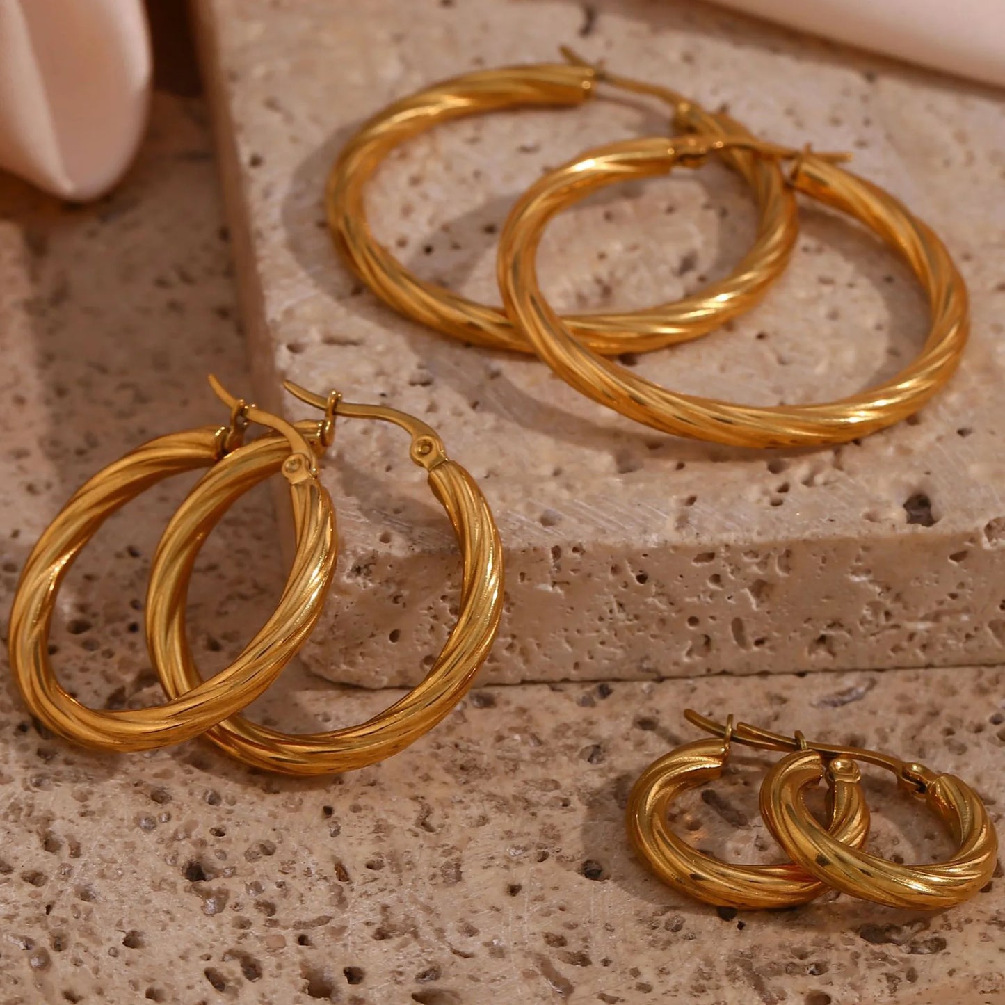 Waterproof 18K Gold Plated Jewelry Stainless Steel Texture Big Round Circle Hoop Earrings for Women
