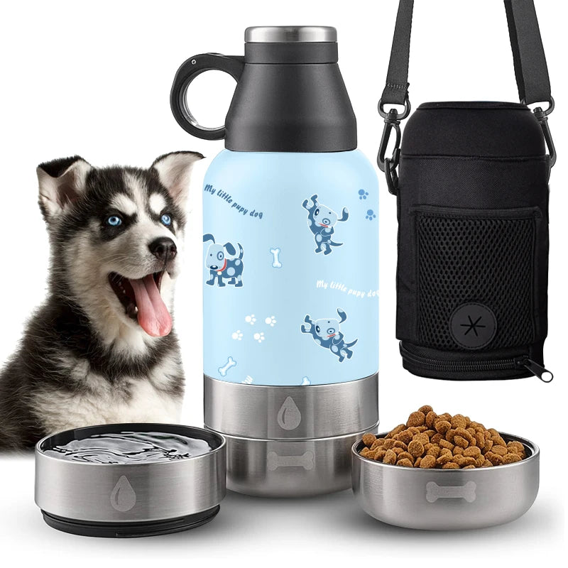 Customized 3 in 1 Portable Dog Water Bottle 32/64oz Insulated Water Bottle with Travel Pet Dog Bowl & Food Drinking  on the G