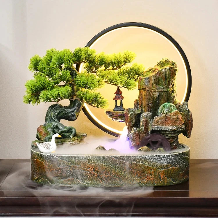 Chinese Style Welcoming Pine Rockery Flowing Water Fountain Ornaments Watermill Ball Living Room Office Water Landscape